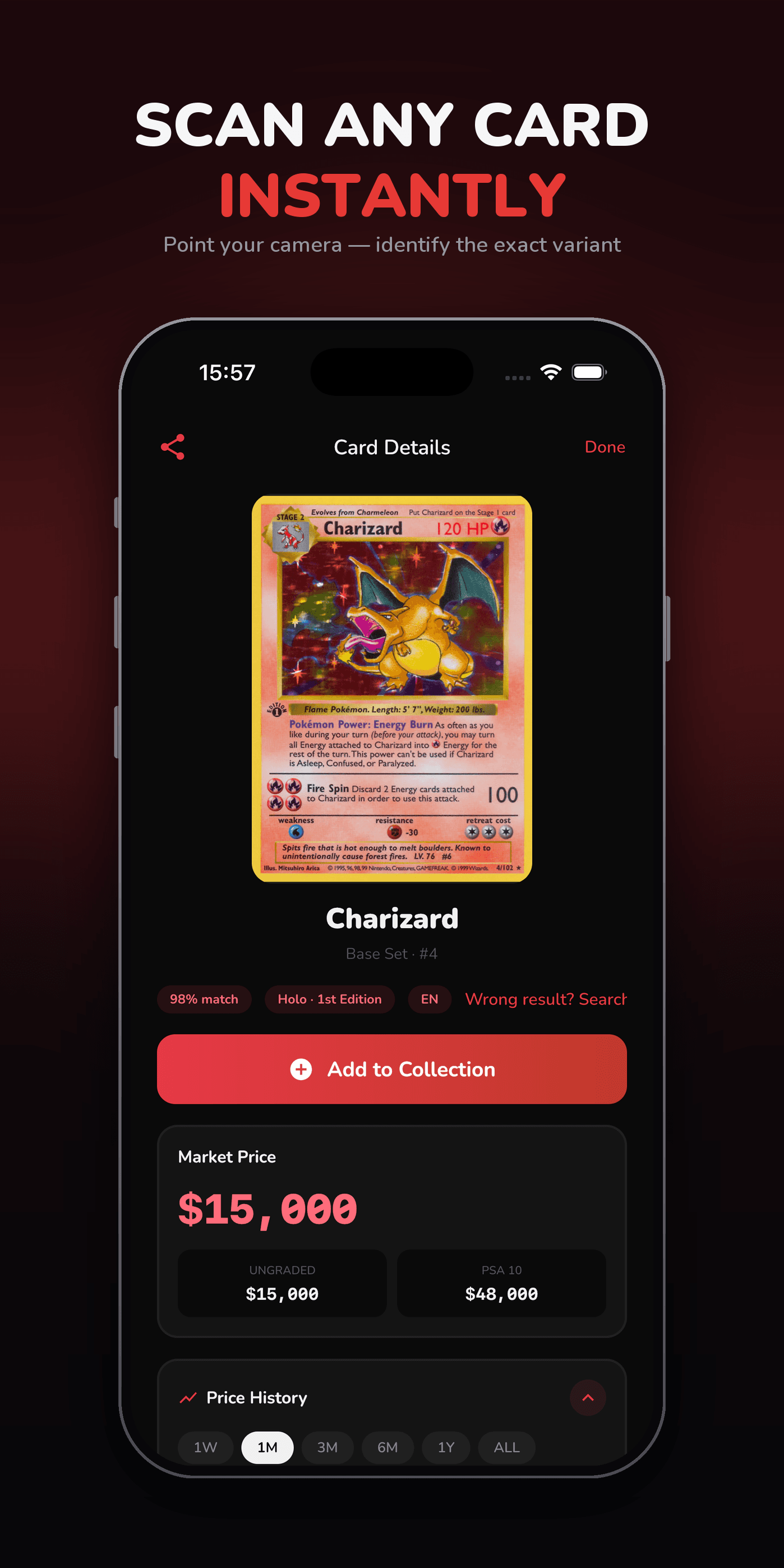 WildPull identifying a Charizard card and its details